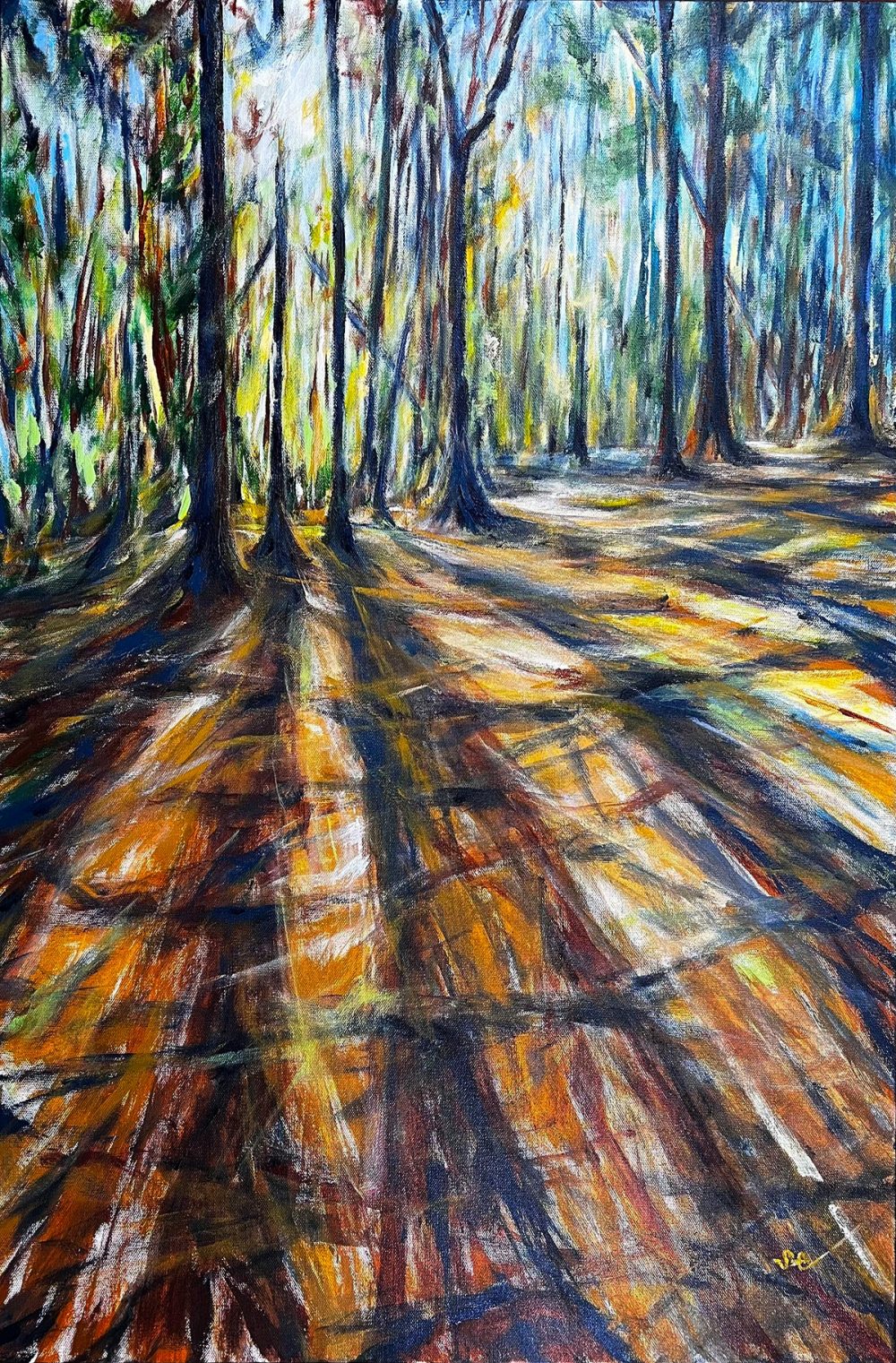 A landscape painting titled The Air Talks Here by Samantha Eio of sun filtering through trees across a forest trail