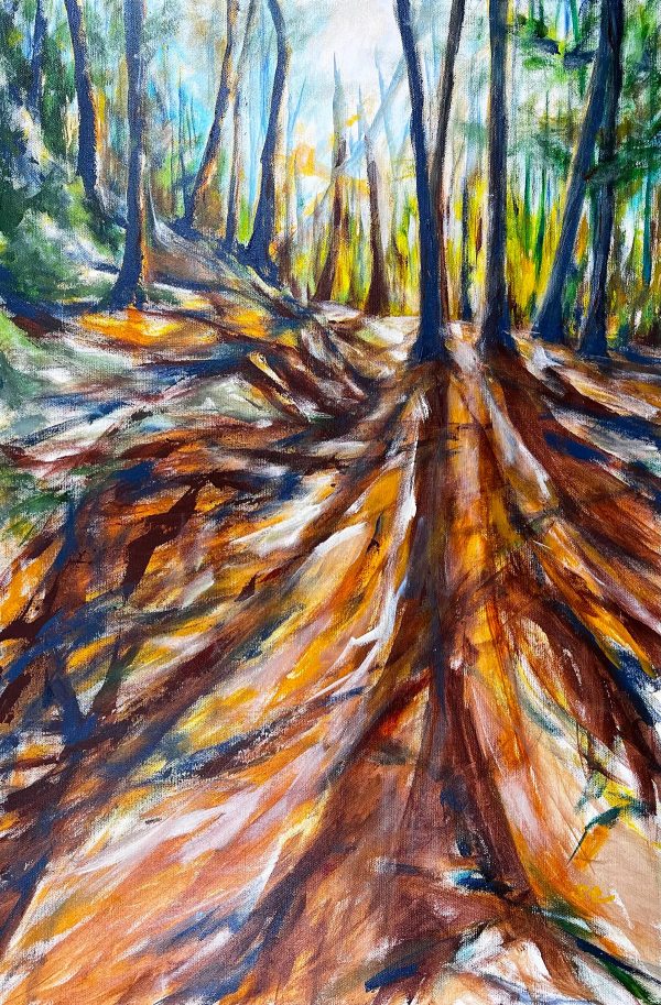 Original landscape painting title Listen to the Light by Samantha Eio of a forest trail bathed in afternoon sunshine