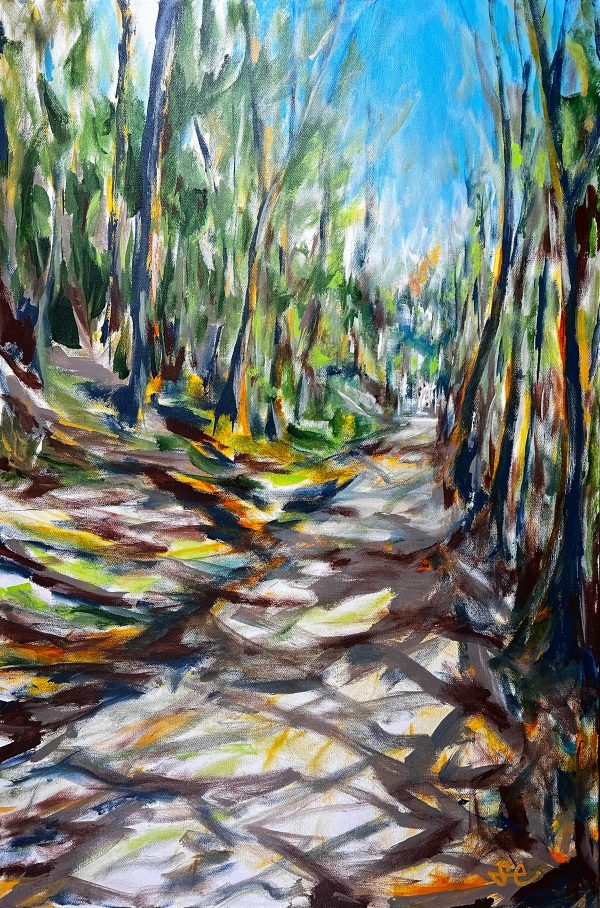 Original landscape painting titled Take the Trail by Samantha Eio of a forest trail at Nickerson State Park on Cape Cod