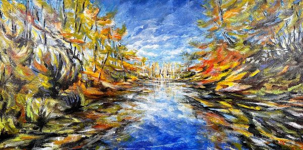 A landscape painting titled Still by Samantha Eio depicting fall-colored trees under a blue sky all reflected in a mirror-like river.