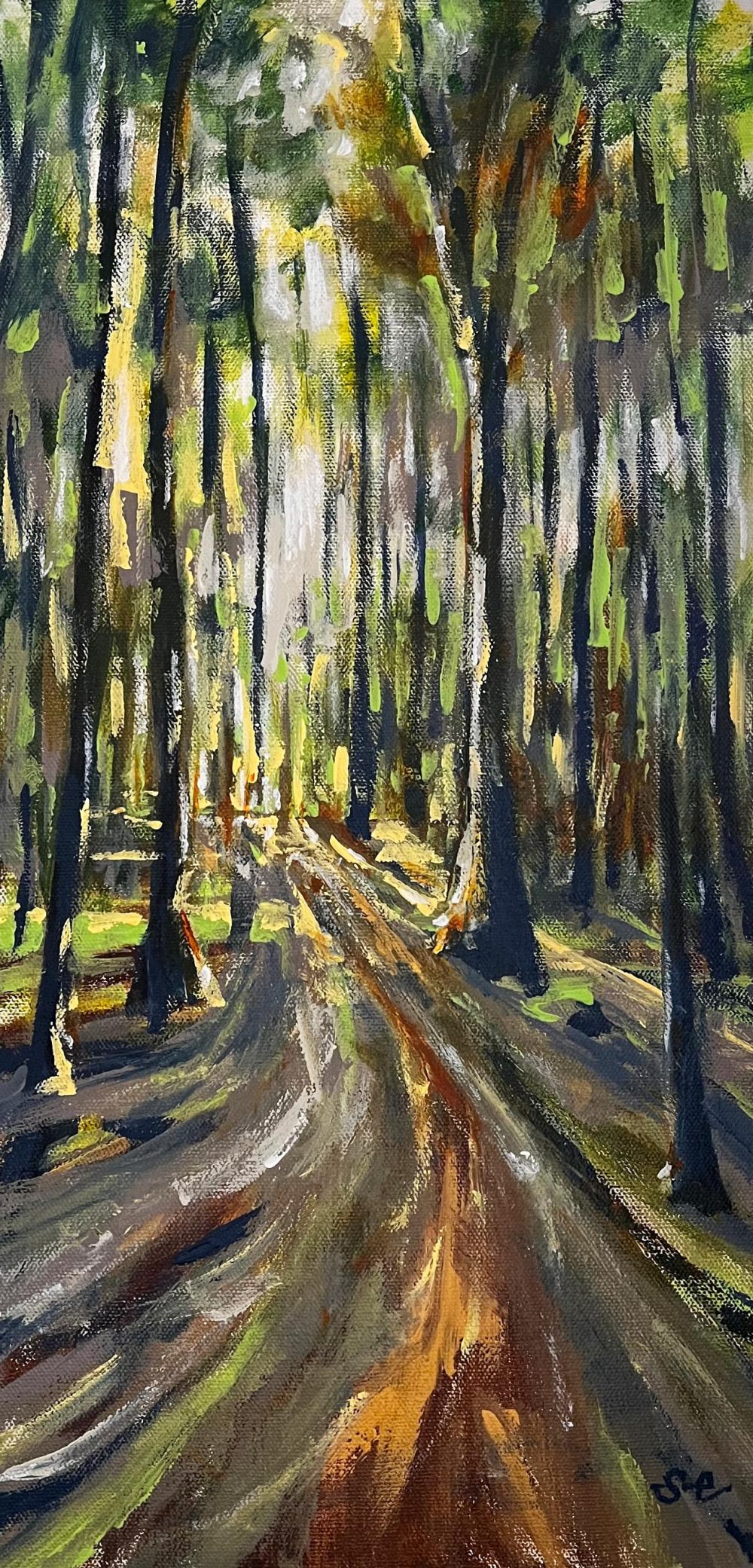 Landscape painting titled Becoming by Samantha Eio depicting golden light at the end of a forest trail.