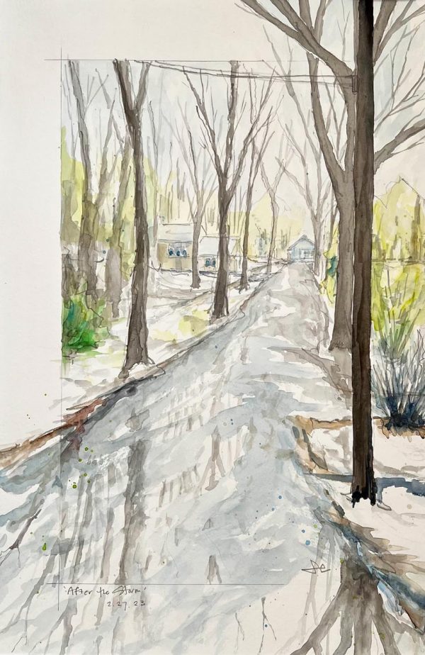 Watercolor landscape painting titled After the Storm by Samantha Eio depicting a puddle-covered street after a rain storm