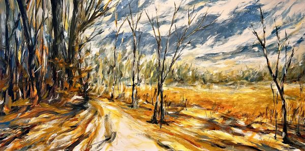 Landscape painting titled Around the Bend by Samantha Eio depicting a forest trail heading around a curve with trees along the edge.