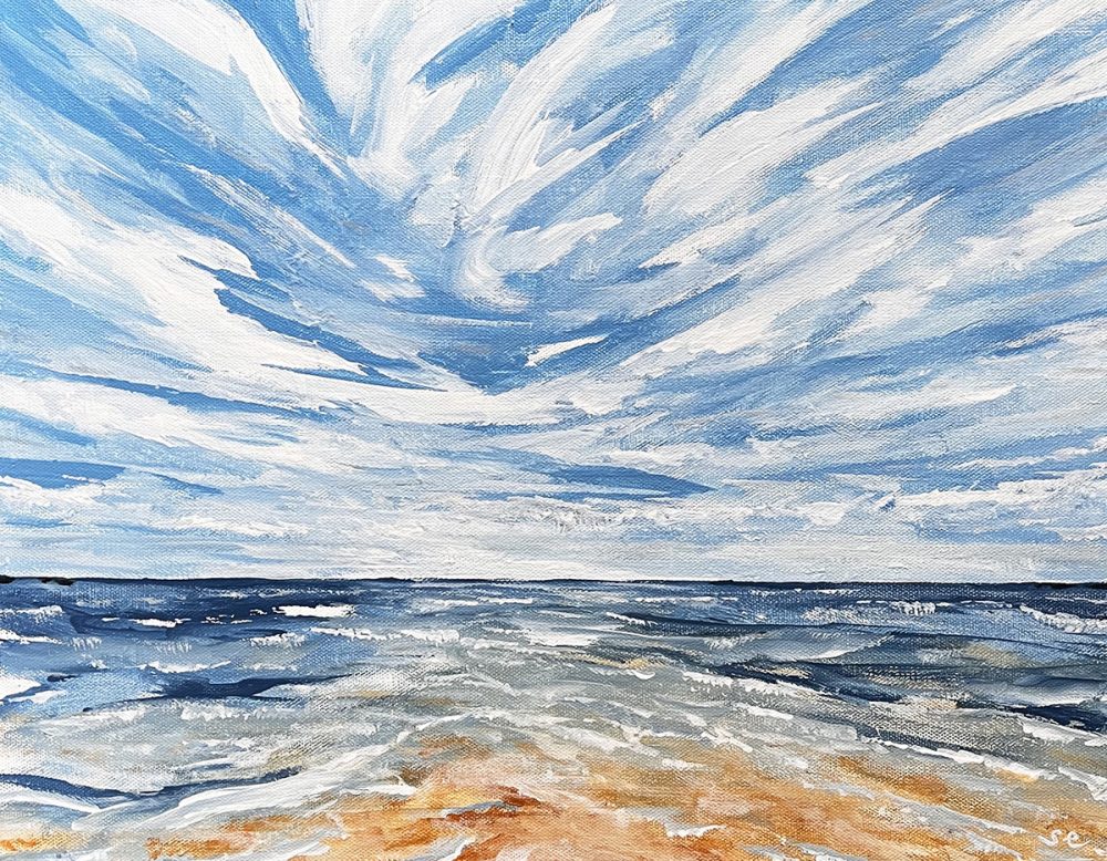 Landscape painting titled Something Fleeting by Samantha Eio depicting the ocean spilling on the beach under a big blue sky with wispy, white clouds.